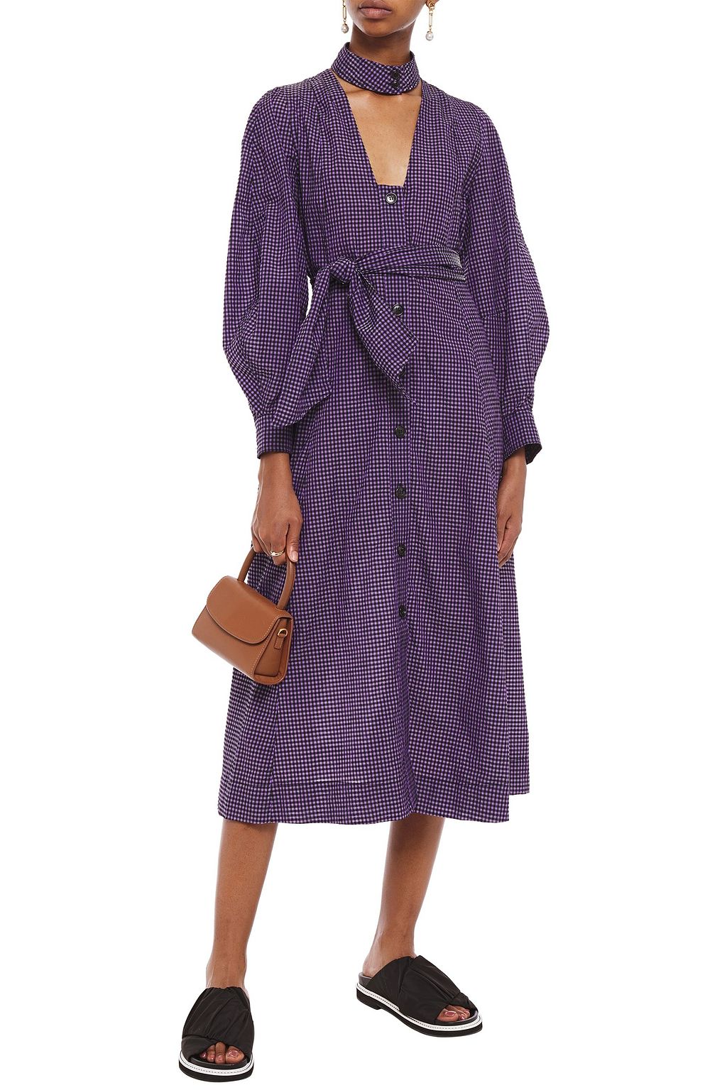 GANNI Belted gingham seersucker midi dress
