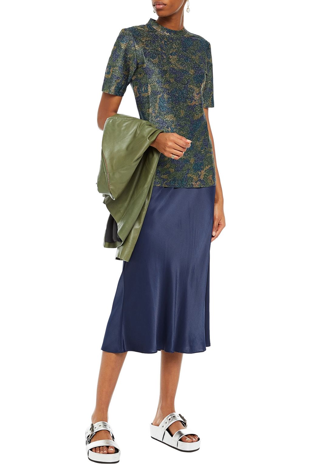 GANNI Metallic printed stretch-jersey T-shirt