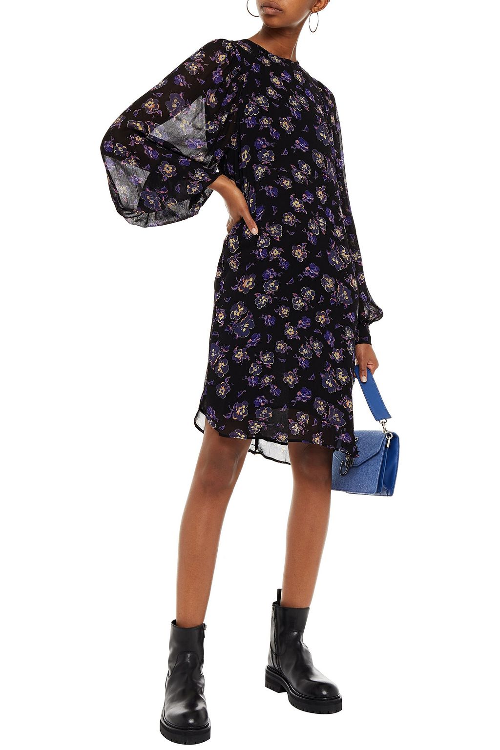 GANNI Gathered printed georgette dress