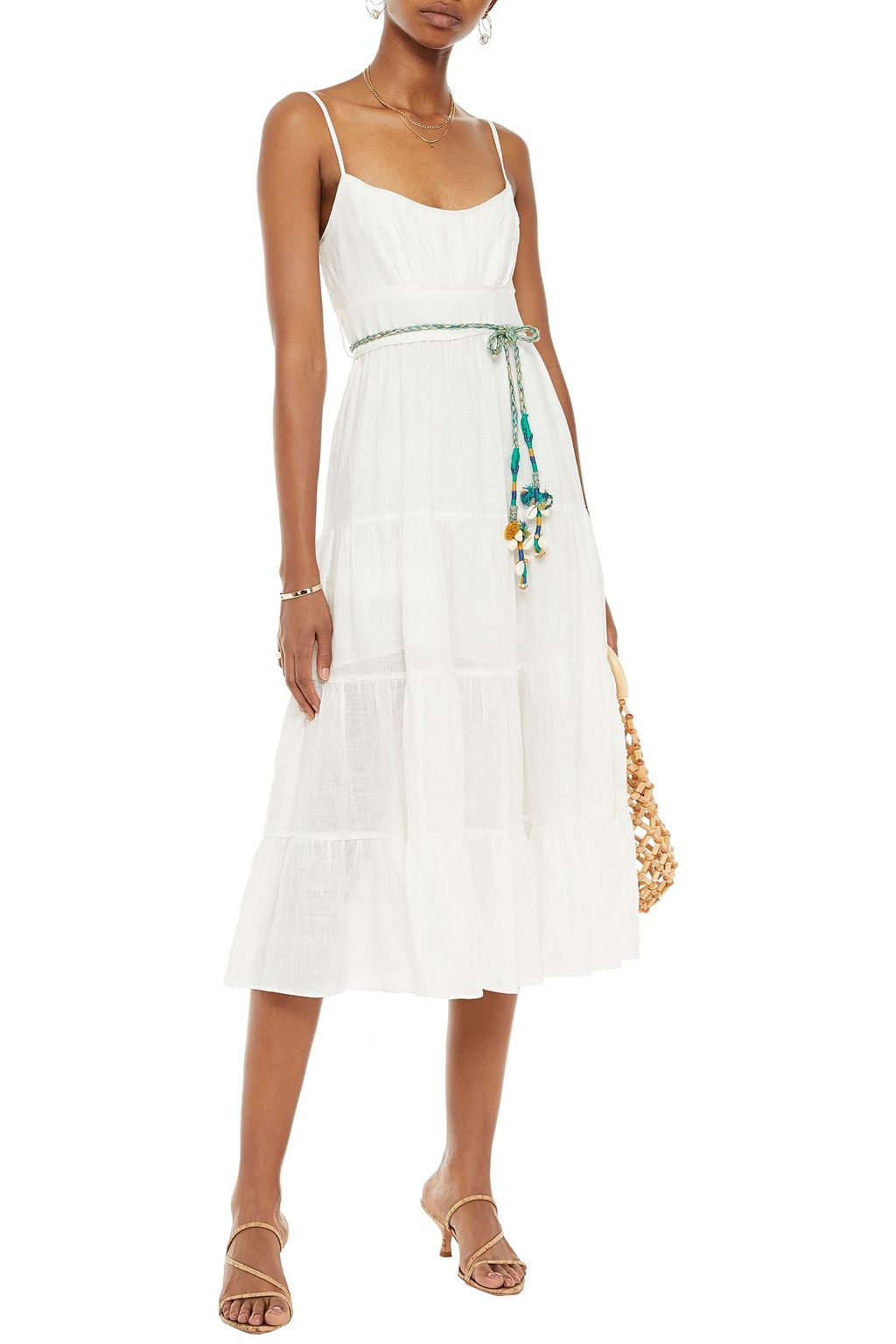 ZIMMERMANN Tiered belted linen-gauze midi dress