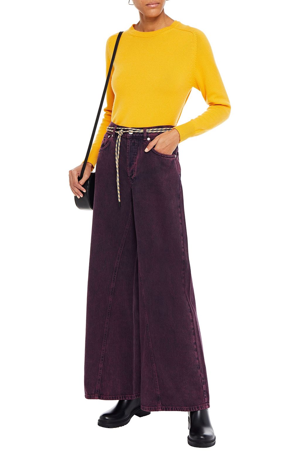 GANNI Belted faded high-rise wide-leg jeans