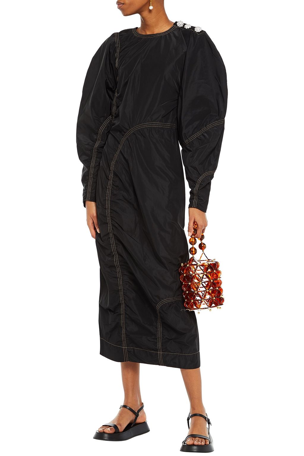GANNI Crystal-embellished gathered shell midi dress