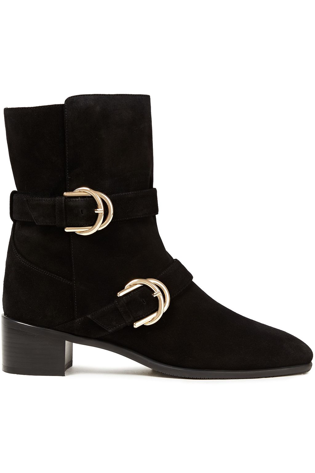 black suede buckle ankle boots