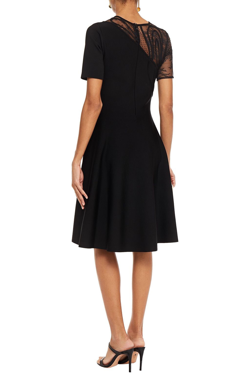 OSCAR DE LA RENTA Chantilly lace and Swiss-dot tulle-paneled ponte dress
