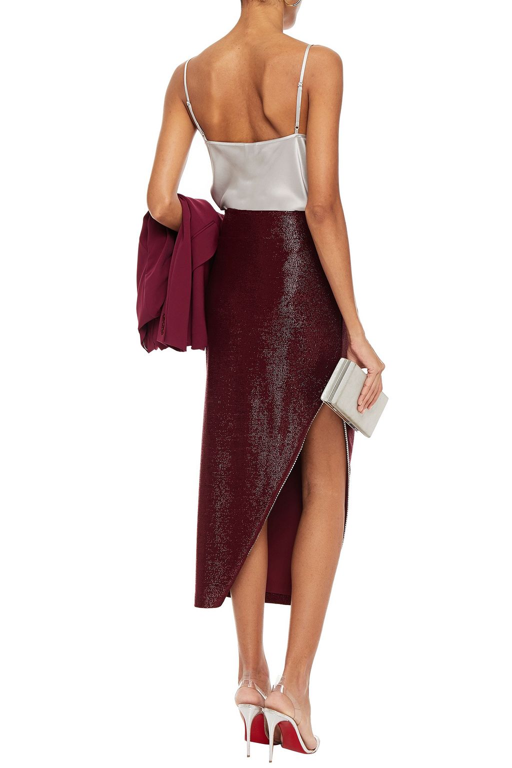 MICHELLE MASON Asymmetric crystal-trimmed metallic stretch-jersey midi skirt