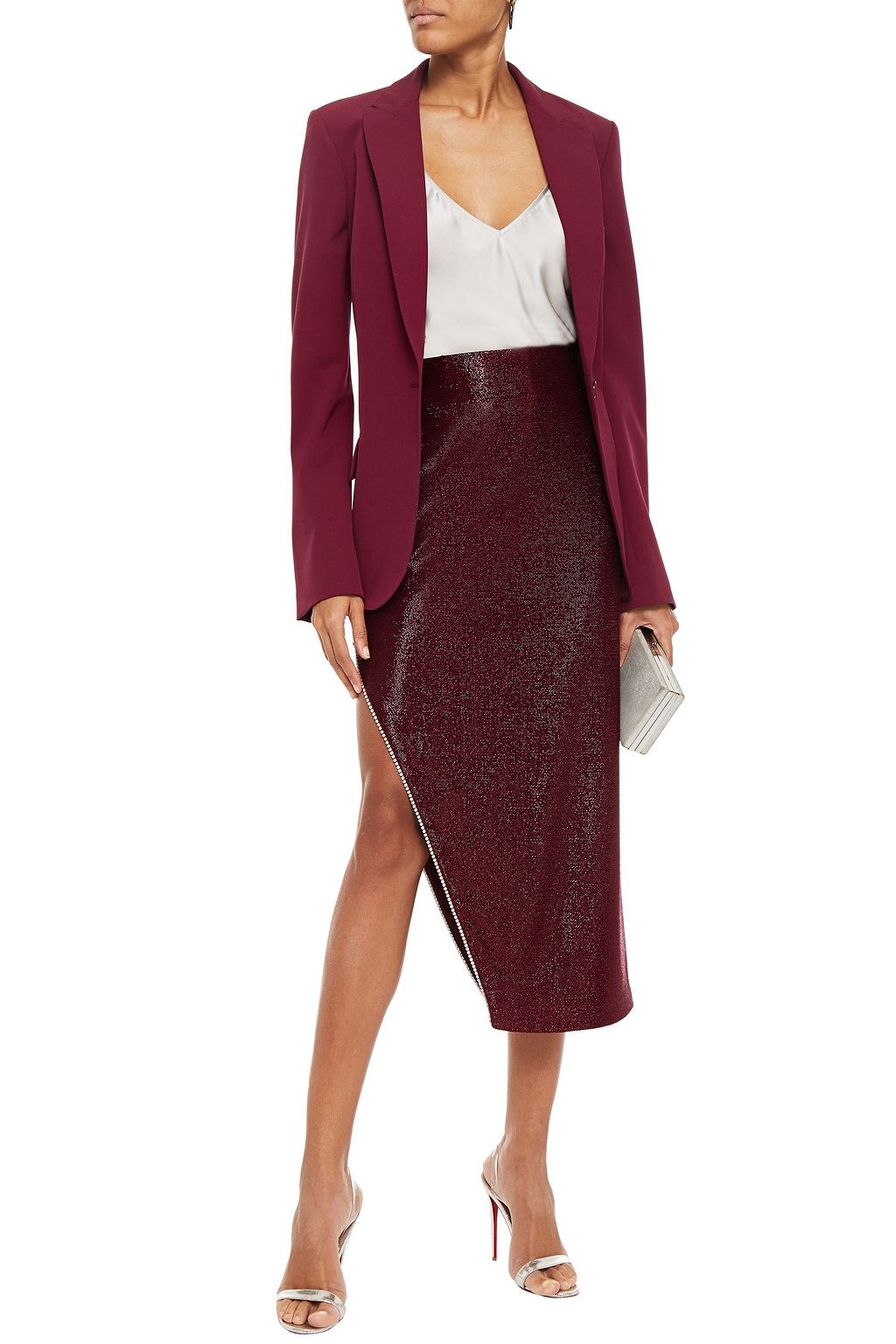 MICHELLE MASON Asymmetric crystal-trimmed metallic stretch-jersey midi skirt
