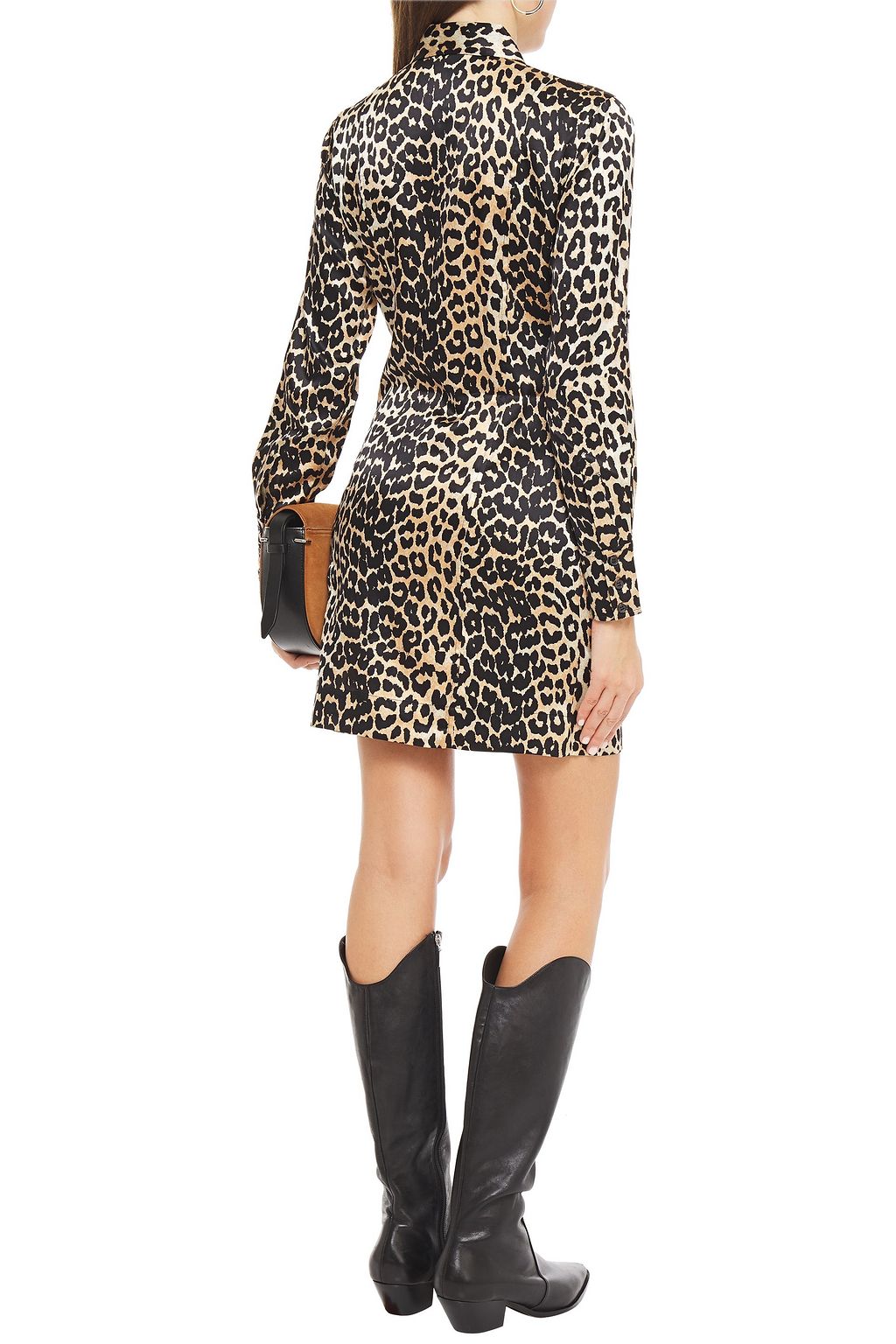 GANNI Printed silk-blend satin mini shirt dress