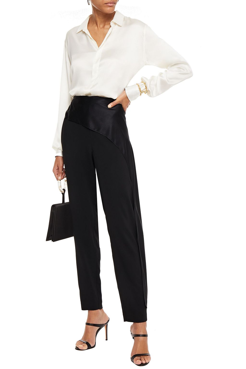 MICHELLE MASON Draped satin-paneled stretch-crepe slim-leg pants