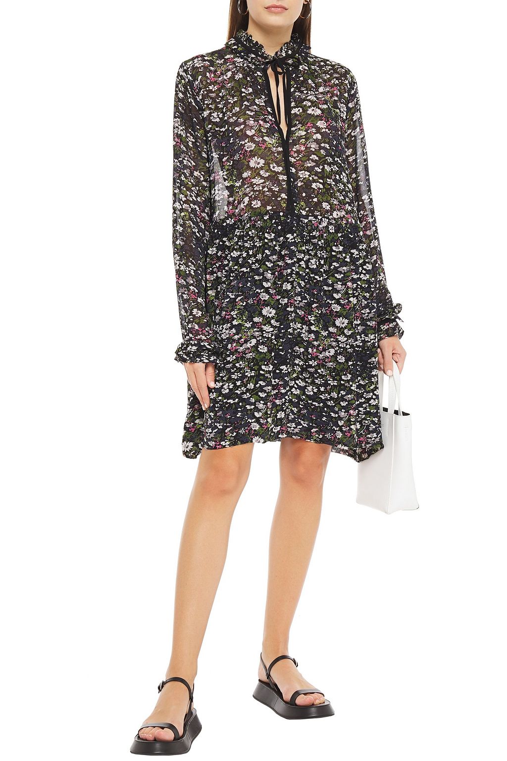 GANNI Bow-detailed floral-print georgette mini dress