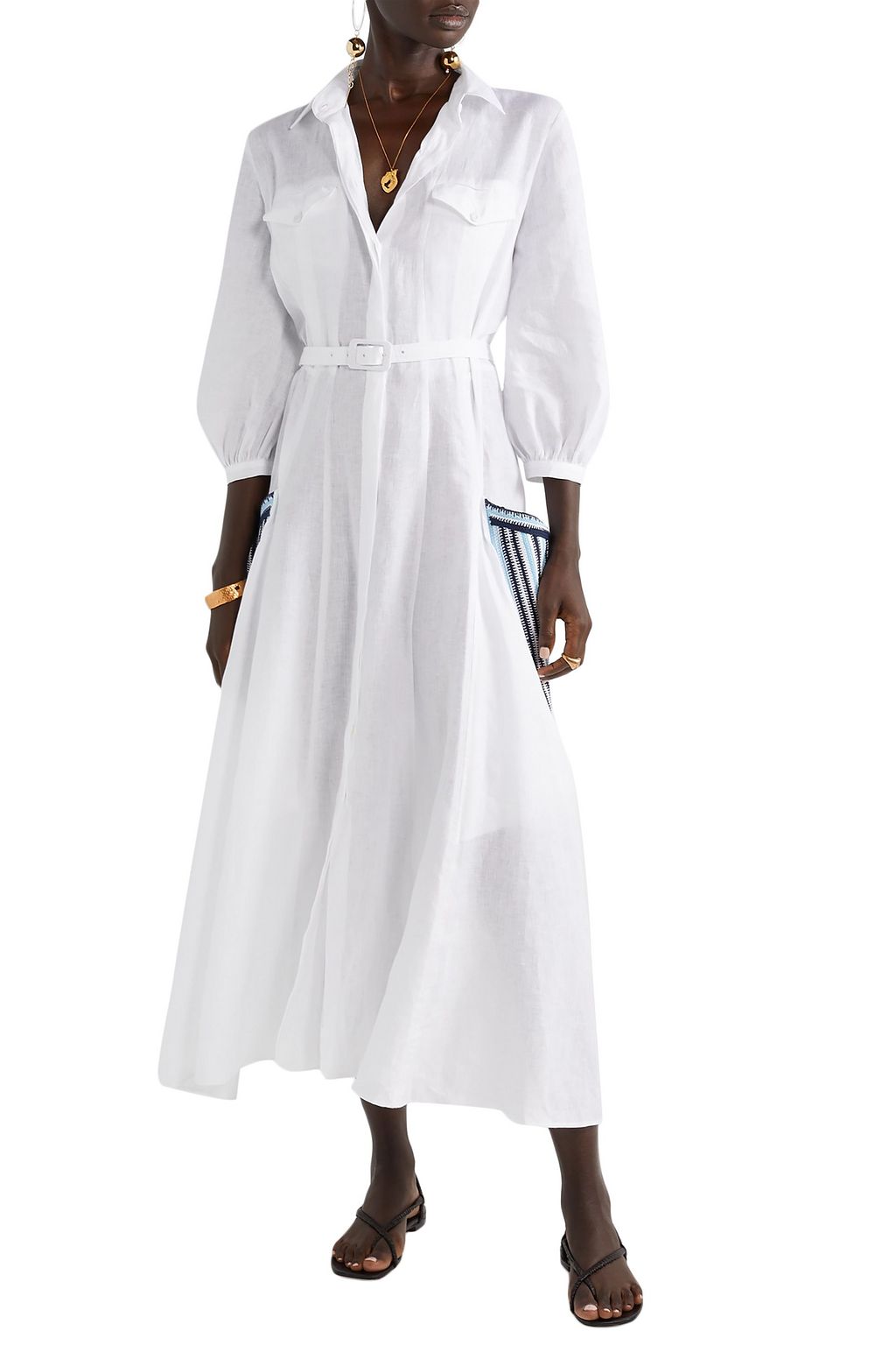 GABRIELA HEARST Woodward belted crochet-trimmed linen-gauze midi shirt dress