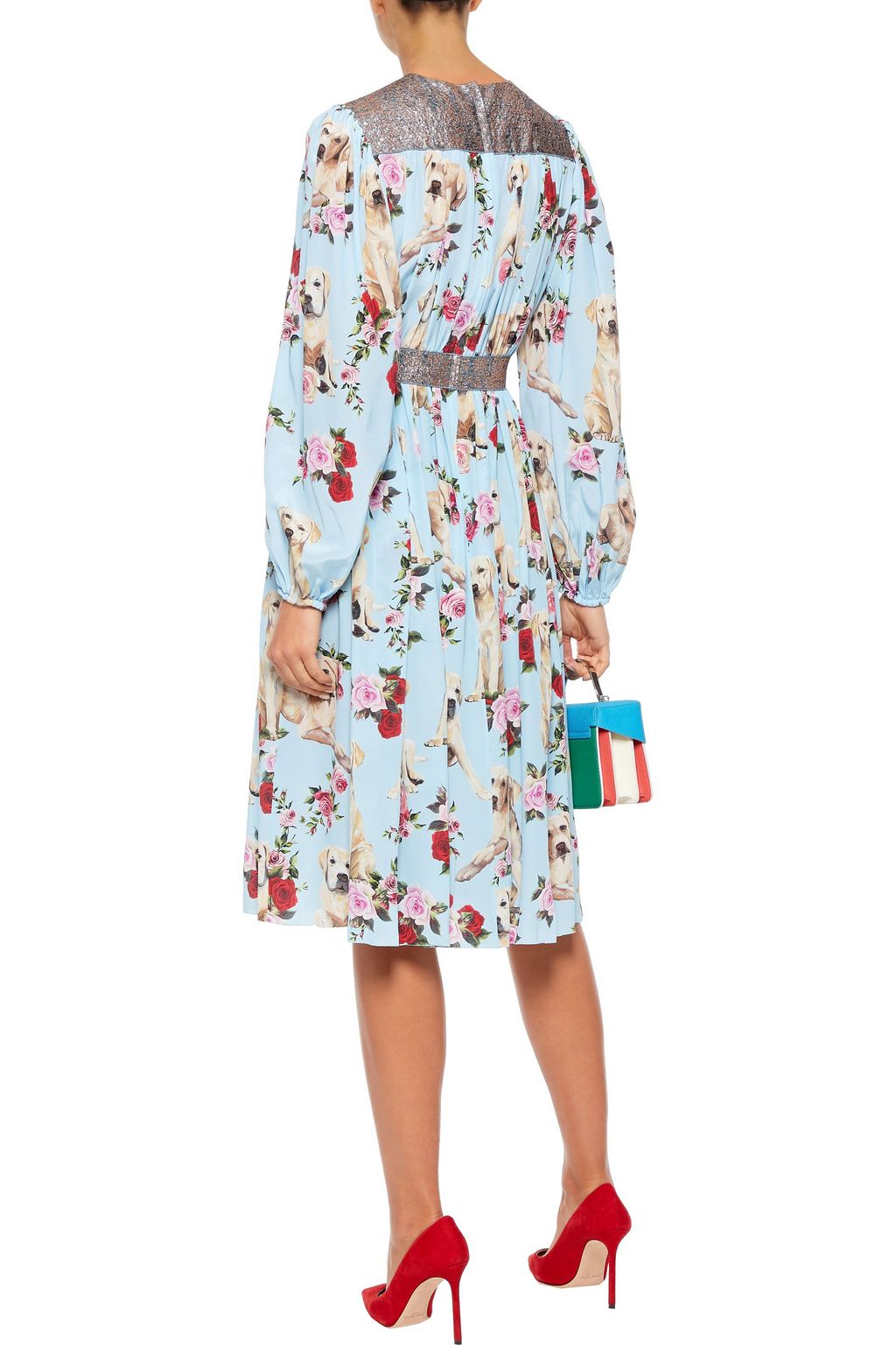 DOLCE&GABBANA Metallic jacquard-paneled printed silk-blend dress