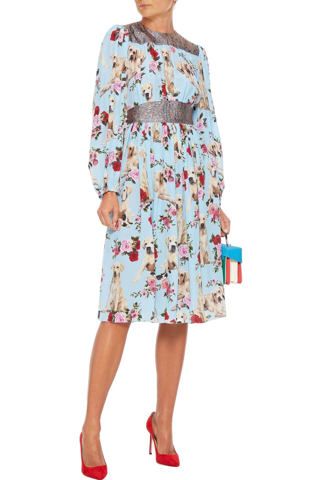 DOLCE&GABBANA Metallic jacquard-paneled printed silk-blend dress