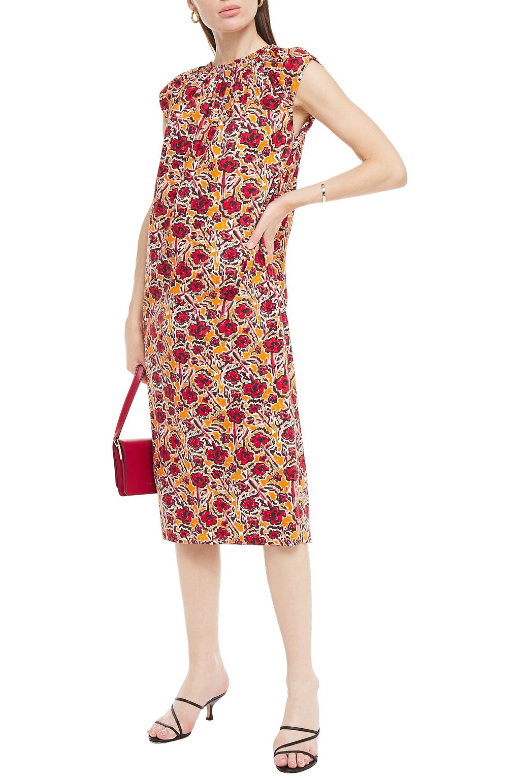 MARNI Gathered printed cotton-poplin midi dress
