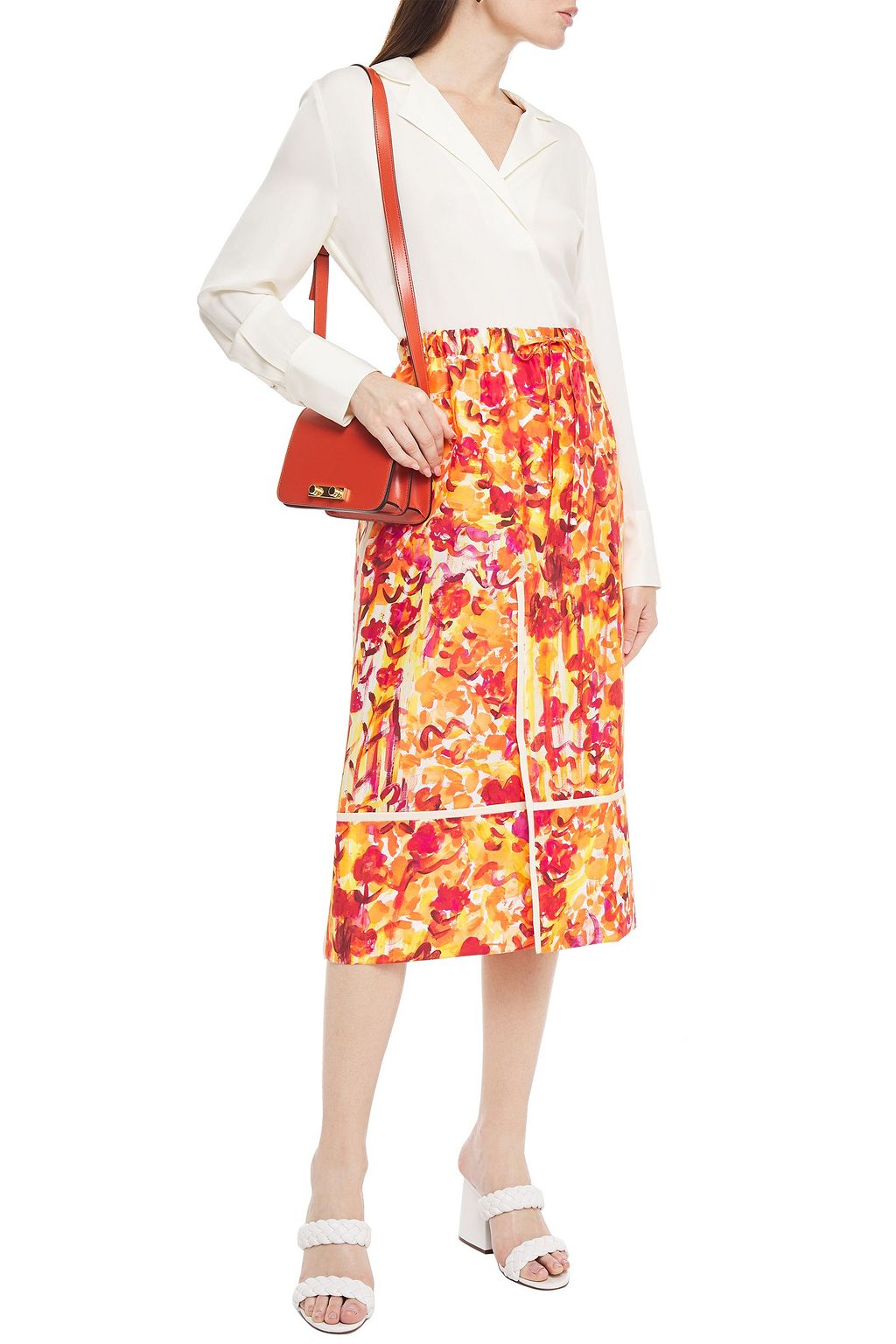 MARNI Floral-print silk-habotai midi skirt