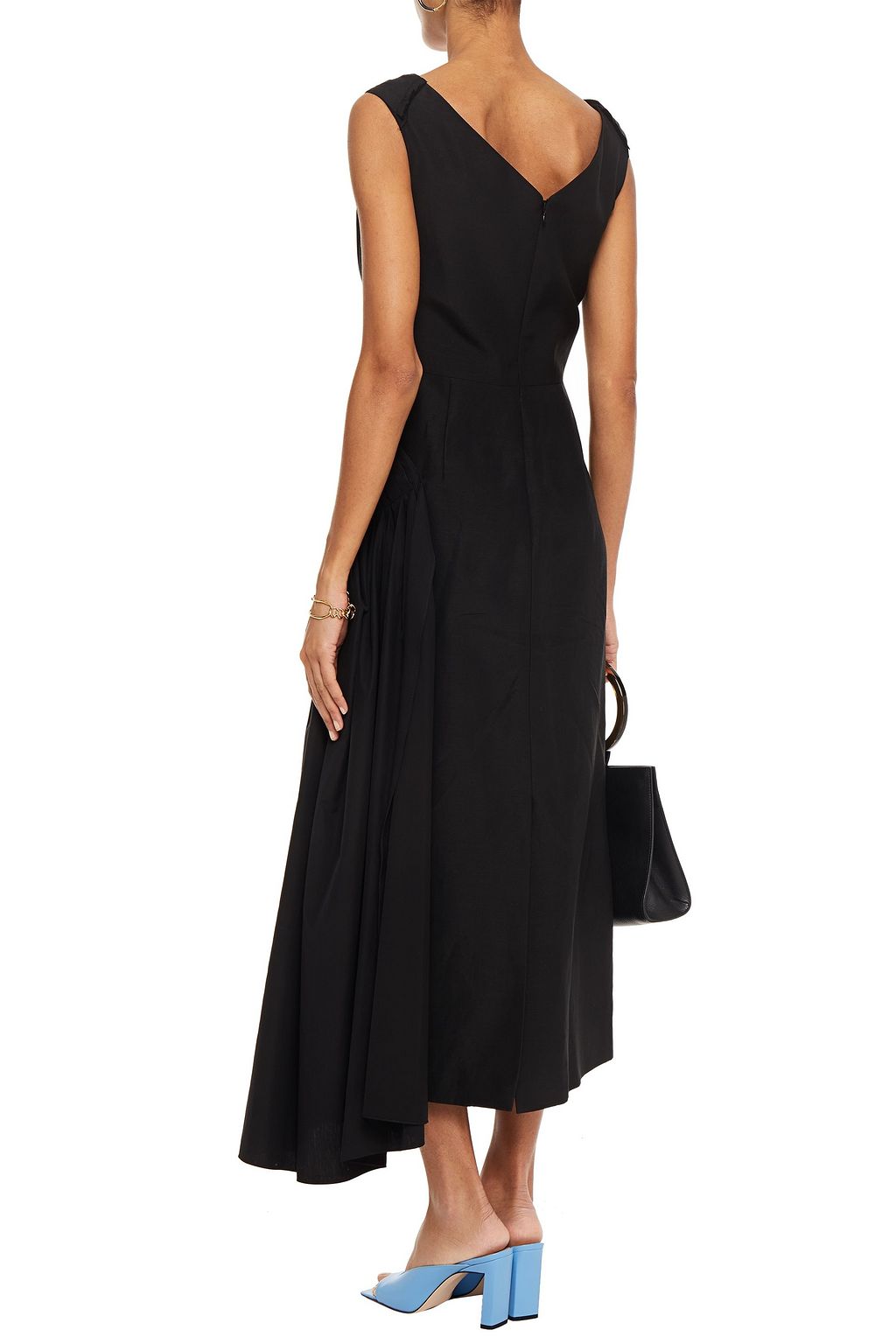 MARNI Asymmetric pleated cotton-paneled ramie-blend maxi dress