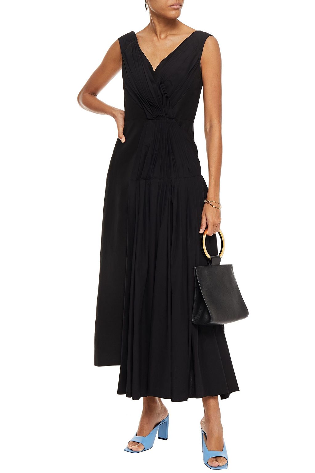MARNI Asymmetric pleated cotton-paneled ramie-blend maxi dress