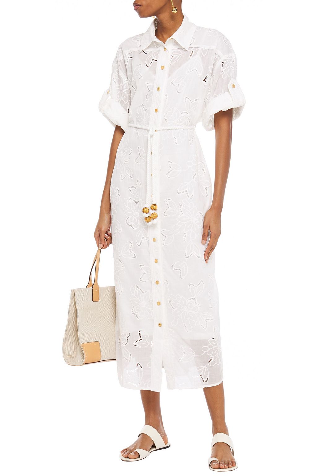 ZIMMERMANN Belted broderie anglaise cotton midi shirt dress