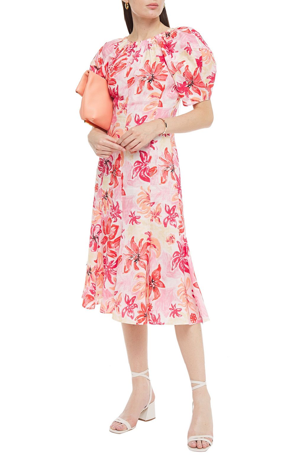 MARNI Gathered floral-print ramie midi dress