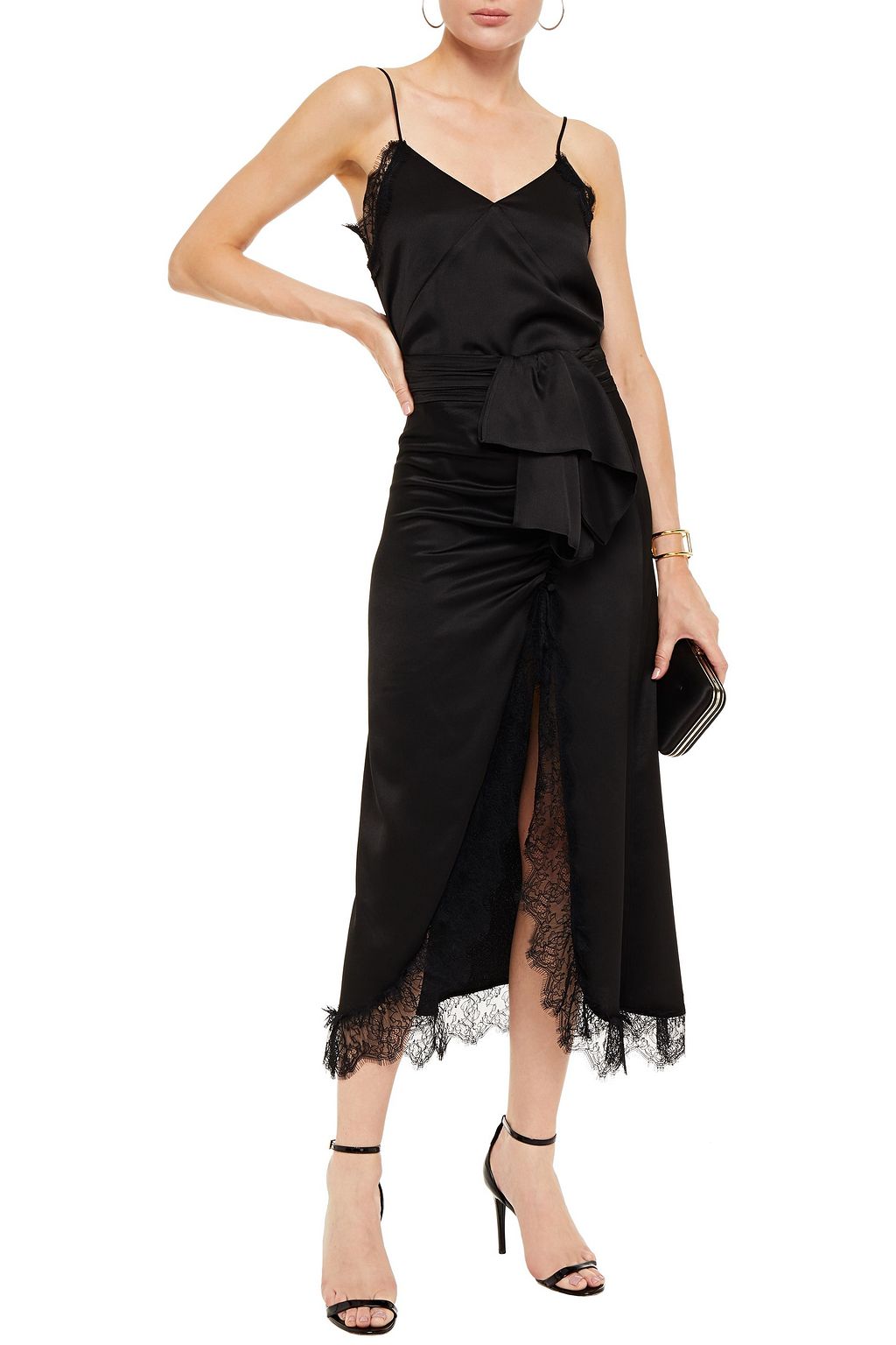 VANESSA COCCHIARO Lace-trimmed draped satin-crepe midi skirt
