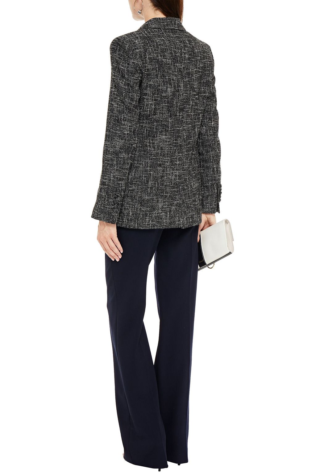 OSCAR DE LA RENTA Double-breasted pinstriped twill and cotton-blend tweed blazer