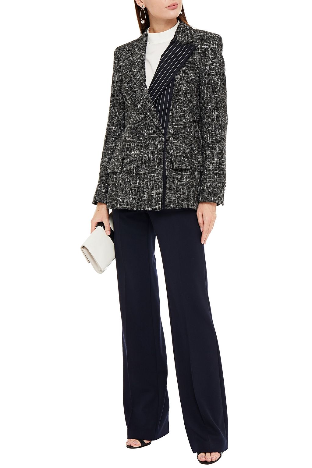 OSCAR DE LA RENTA Double-breasted pinstriped twill and cotton-blend tweed blazer