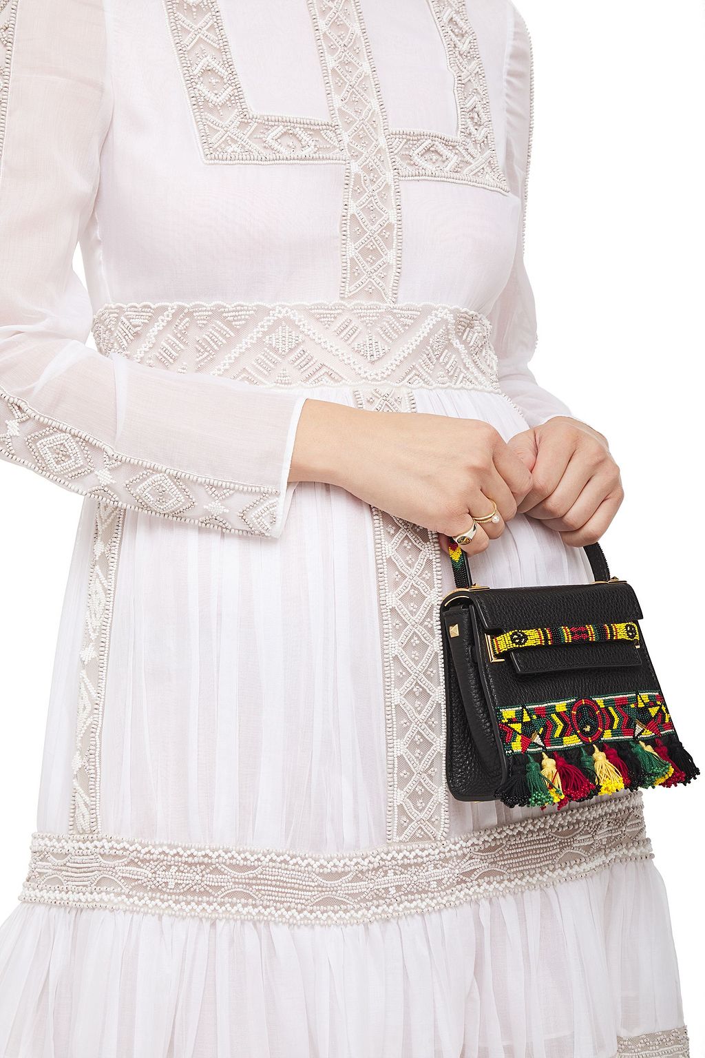 VALENTINO GARAVANI Bead and tassel-embellished pebbled-leather shoulder bag