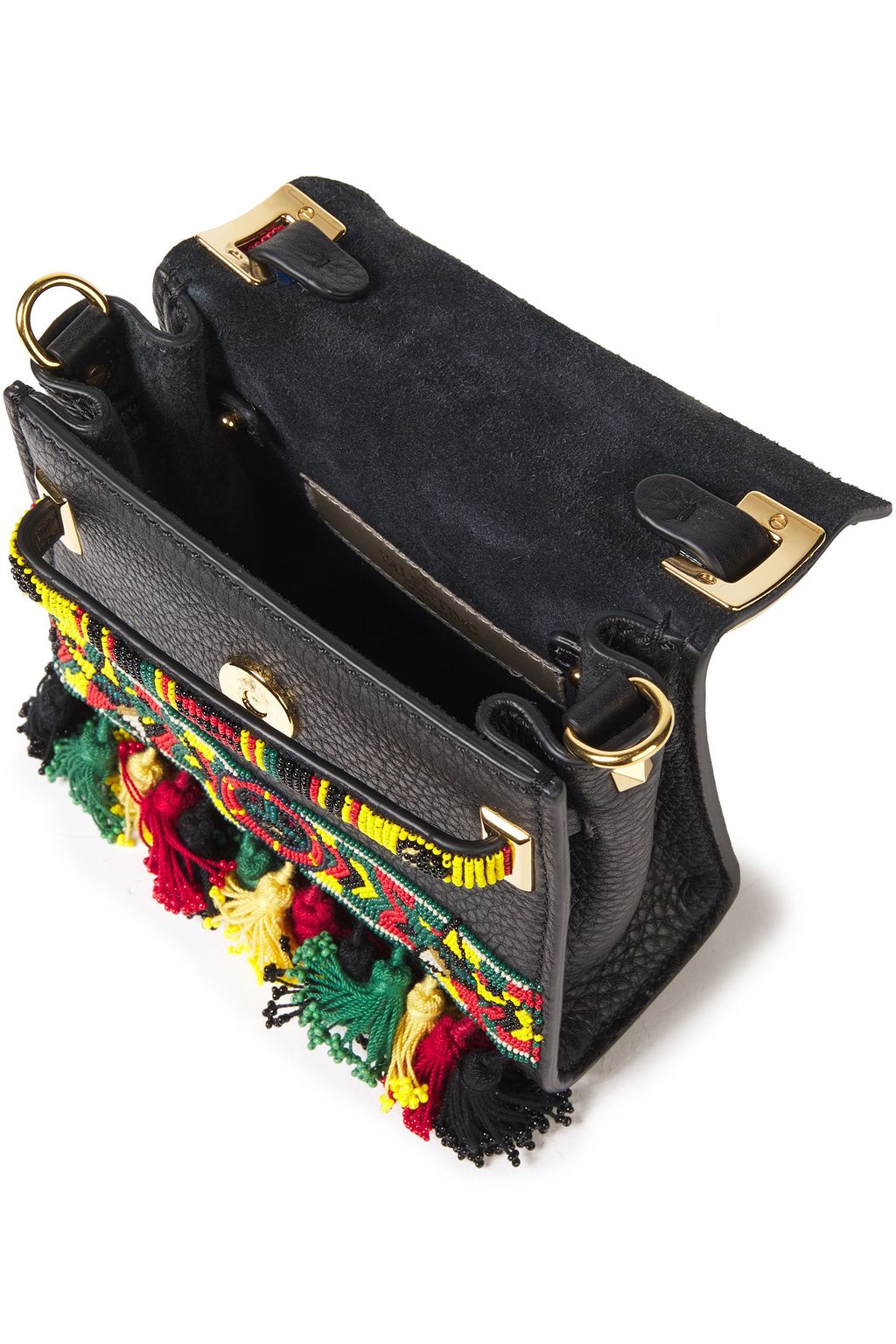 VALENTINO GARAVANI Bead and tassel-embellished pebbled-leather shoulder bag