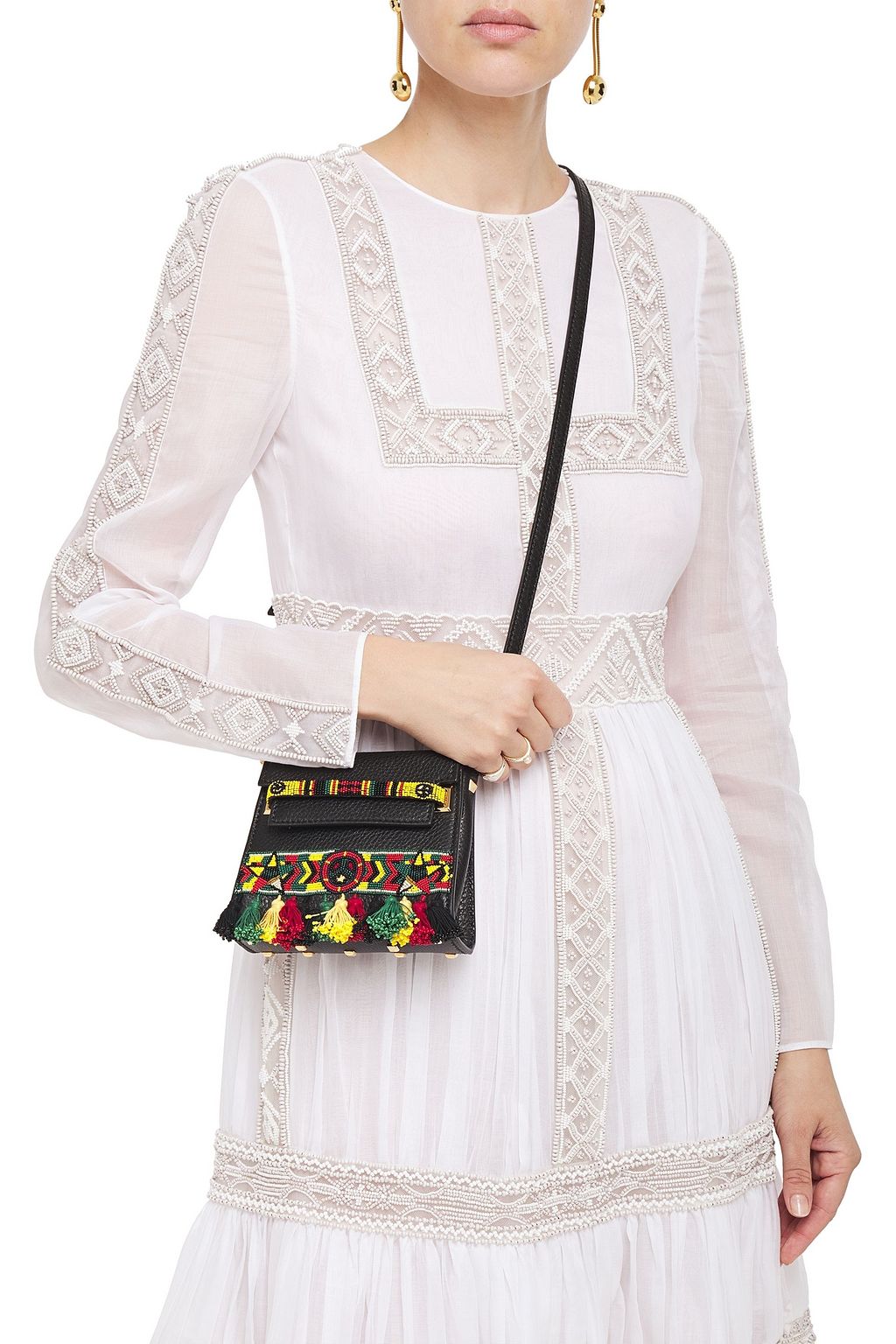 VALENTINO GARAVANI Bead and tassel-embellished pebbled-leather shoulder bag
