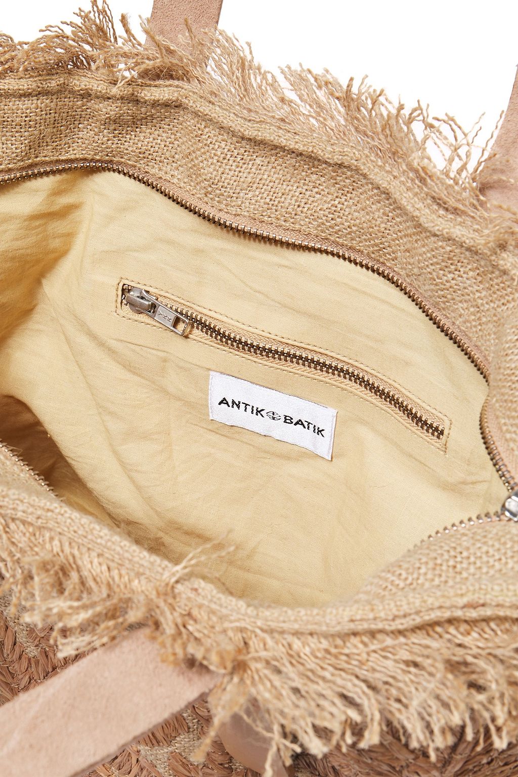 ANTIK BATIK Barry Medium embroidered raffia and jute tote