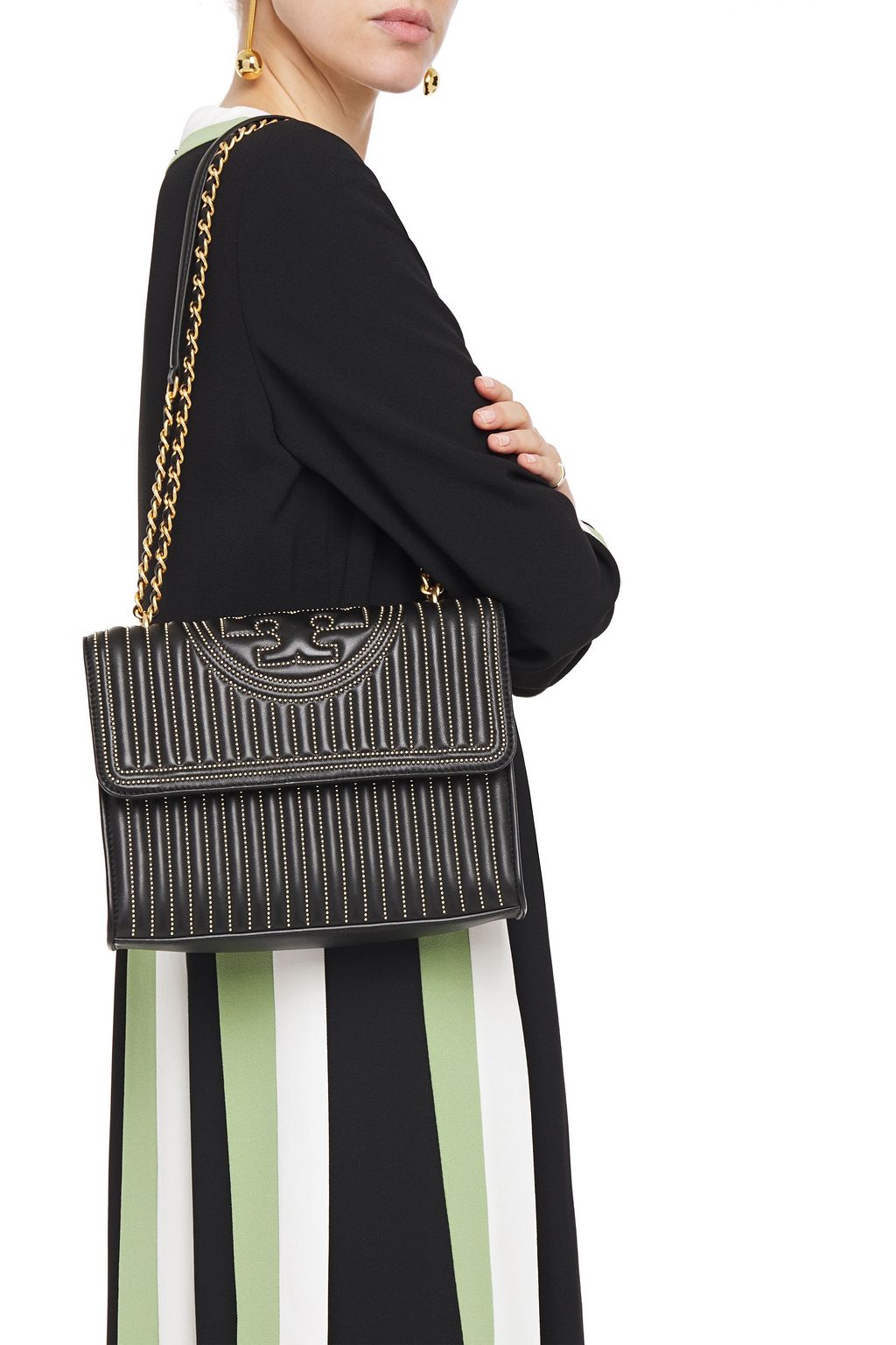 TORY BURCH Tasseled beaded quilted leather shoulder bag