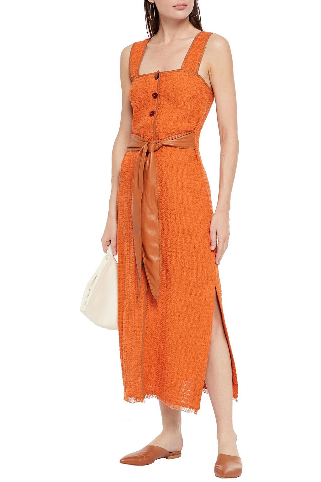 NANUSHKA Vegan leather-trimmed cotton-blend cloqué midi dress