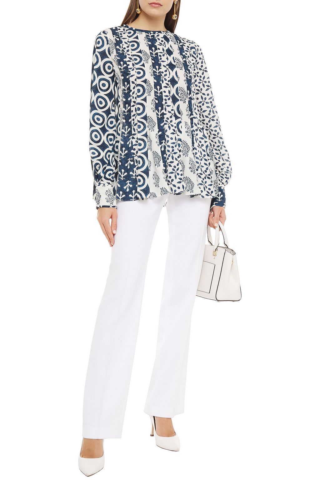 OSCAR DE LA RENTA Paneled printed crepe de chine blouse
