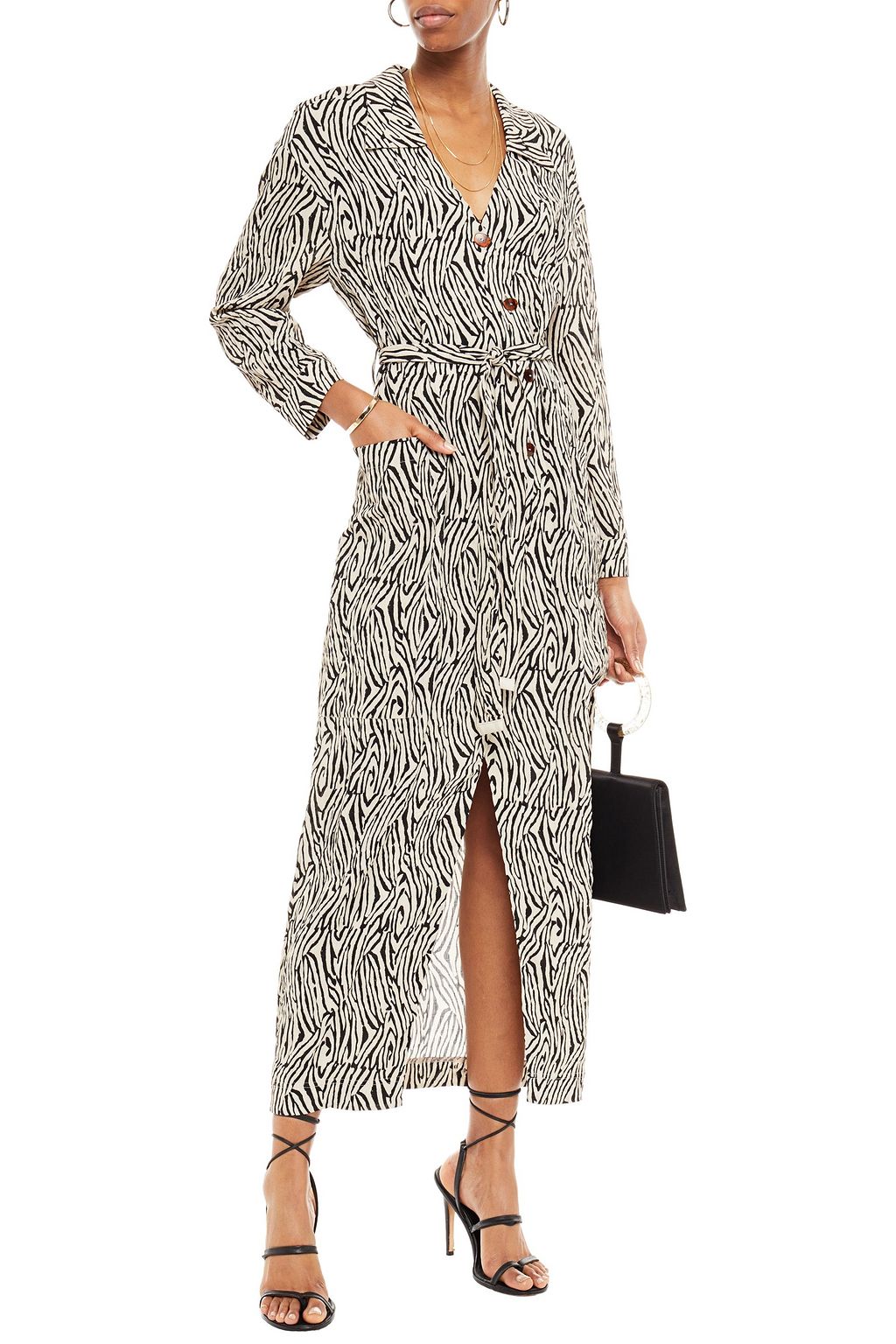 NANUSHKA Capri belted zebra-print grain de poudre midi dress