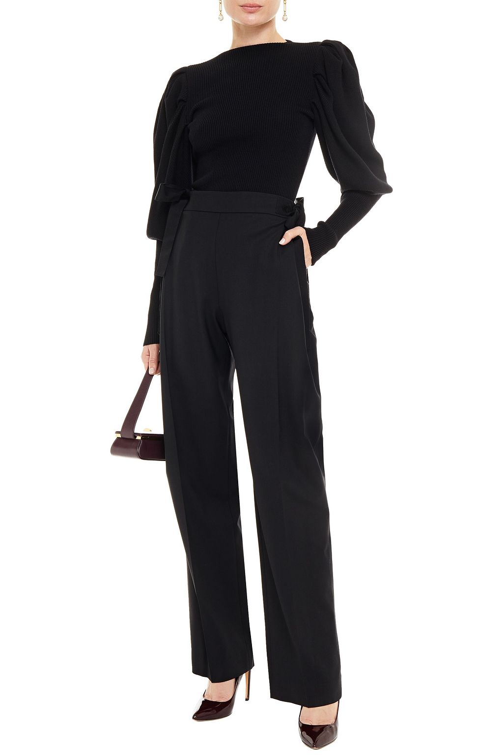 OSCAR DE LA RENTA Grosgrain-trimmed stretch-wool twill wide-leg pants