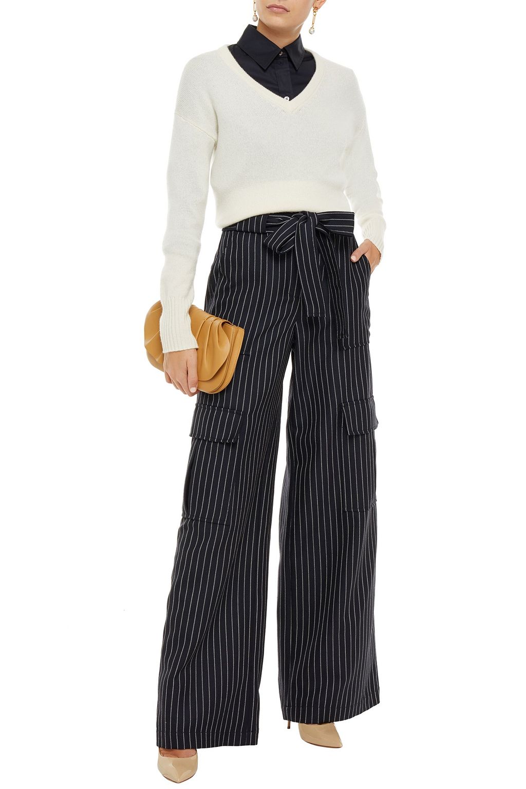 OSCAR DE LA RENTA Belted pinstriped wool and mohair-blend twill wide-leg pants
