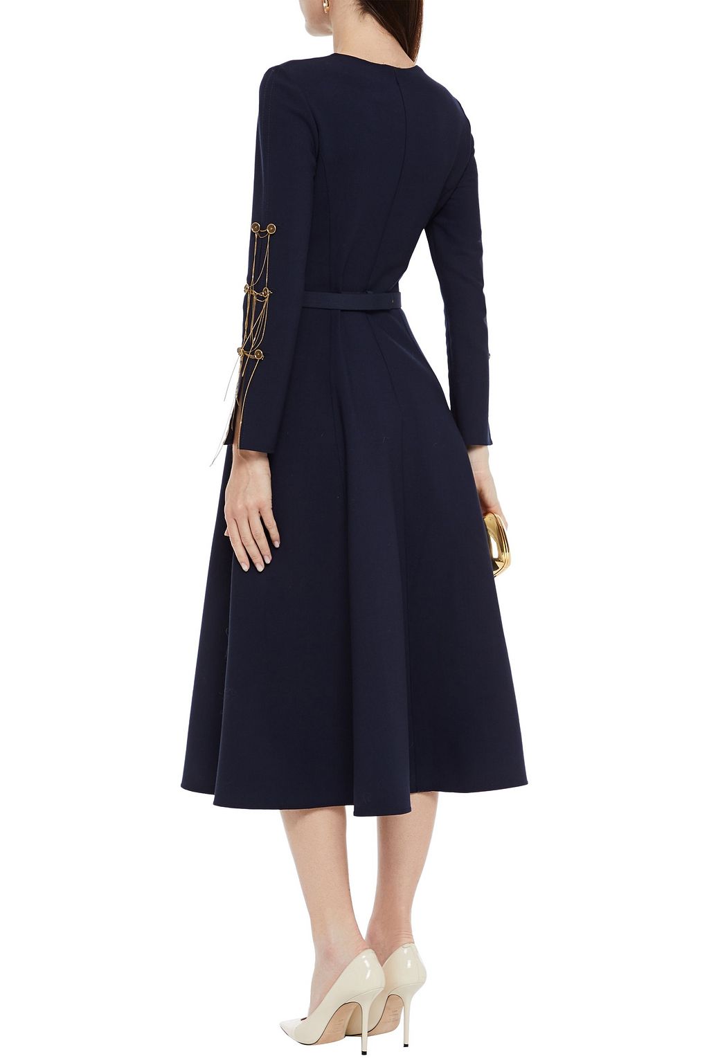 OSCAR DE LA RENTA Belted embellished wool-blend crepe midi dress