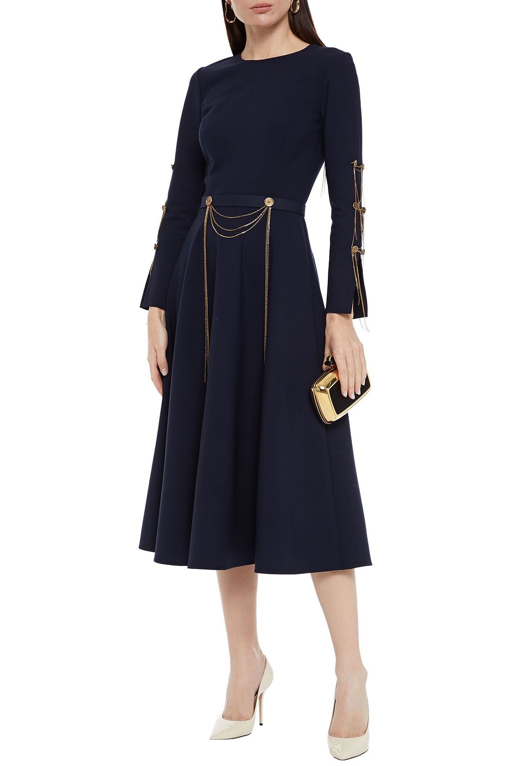 OSCAR DE LA RENTA Belted embellished wool-blend crepe midi dress