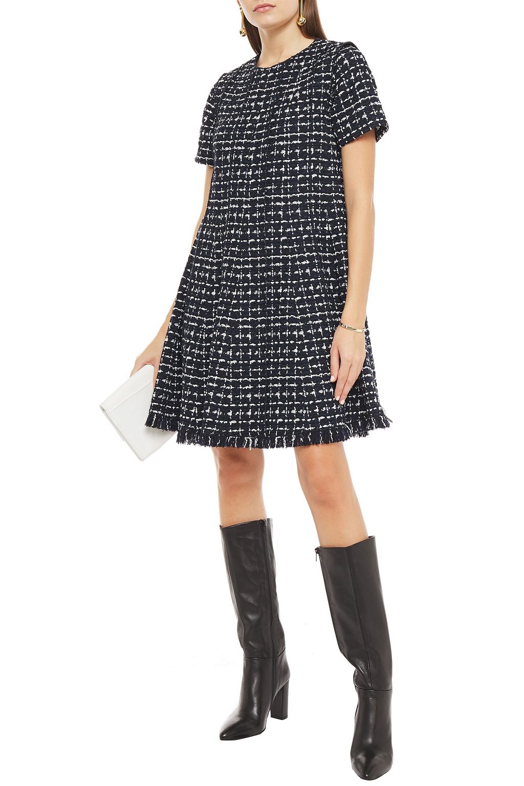 OSCAR DE LA RENTA Pleated fringed tweed mini dress