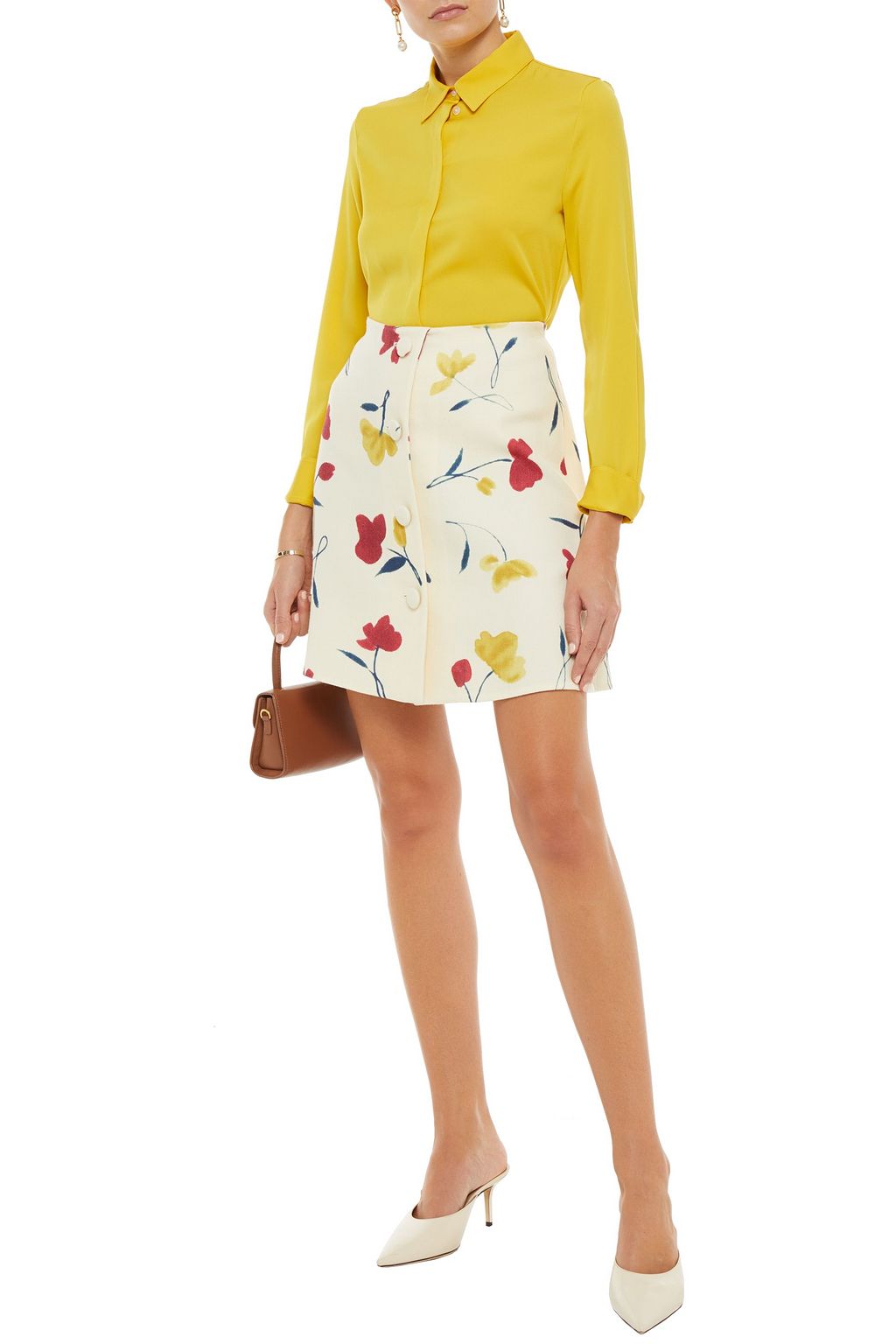 OSCAR DE LA RENTA Button-embellished floral-print wool-twill mini skirt