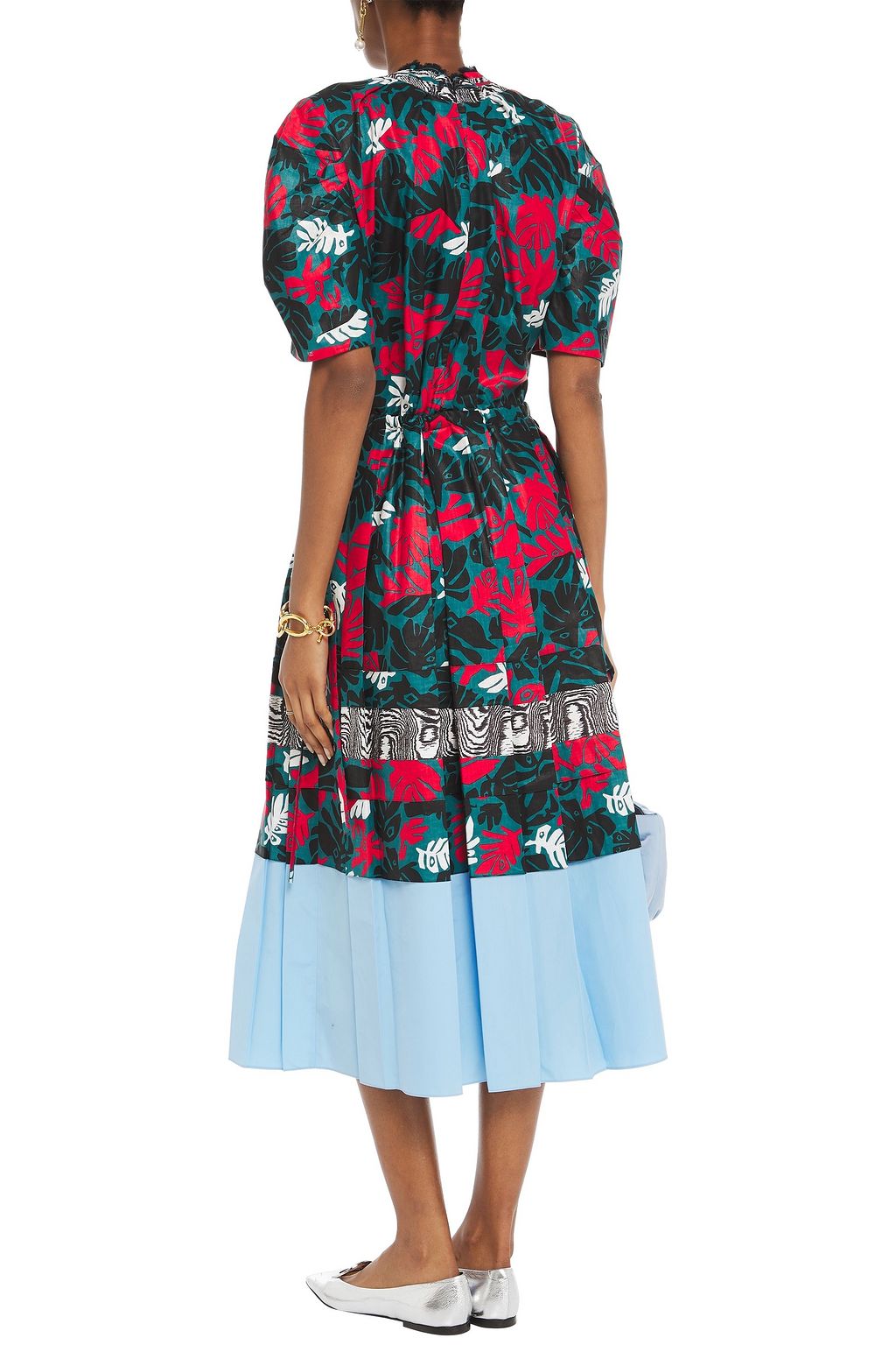 MARNI Gathered printed linen and cotton-blend and cotton-poplin midi dress