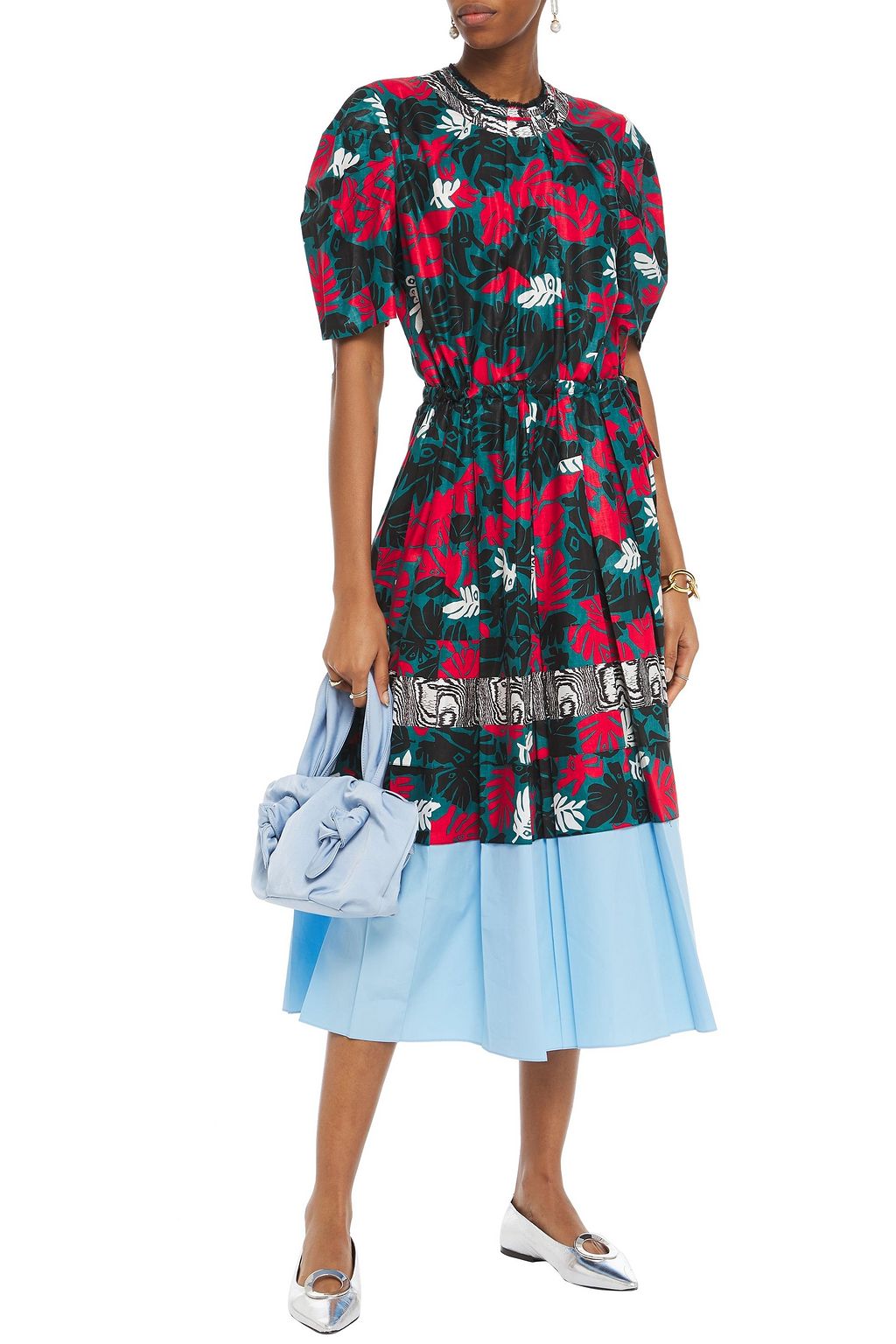 MARNI Gathered printed linen and cotton-blend and cotton-poplin midi dress