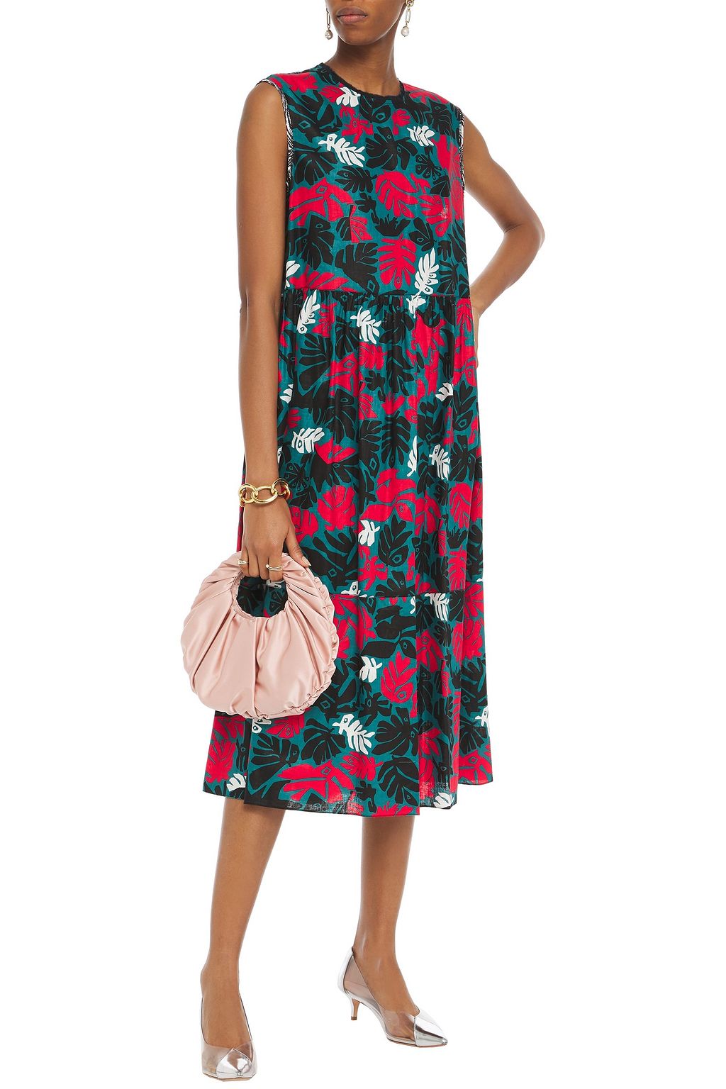 MARNI Gathered printed linen and cotton-blend midi dress