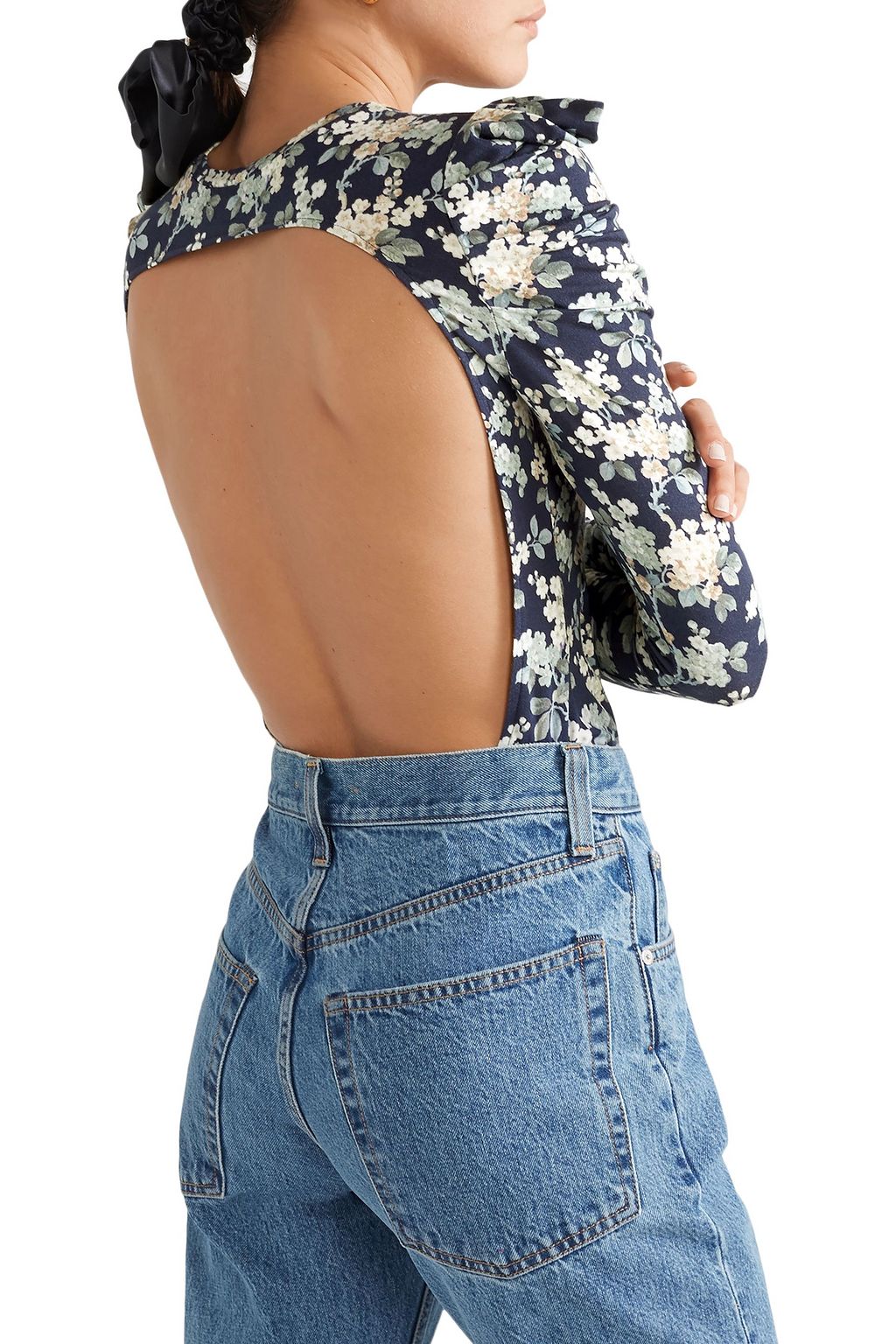 LES RÊVERIES Open-back floral-print cotton-jersey top