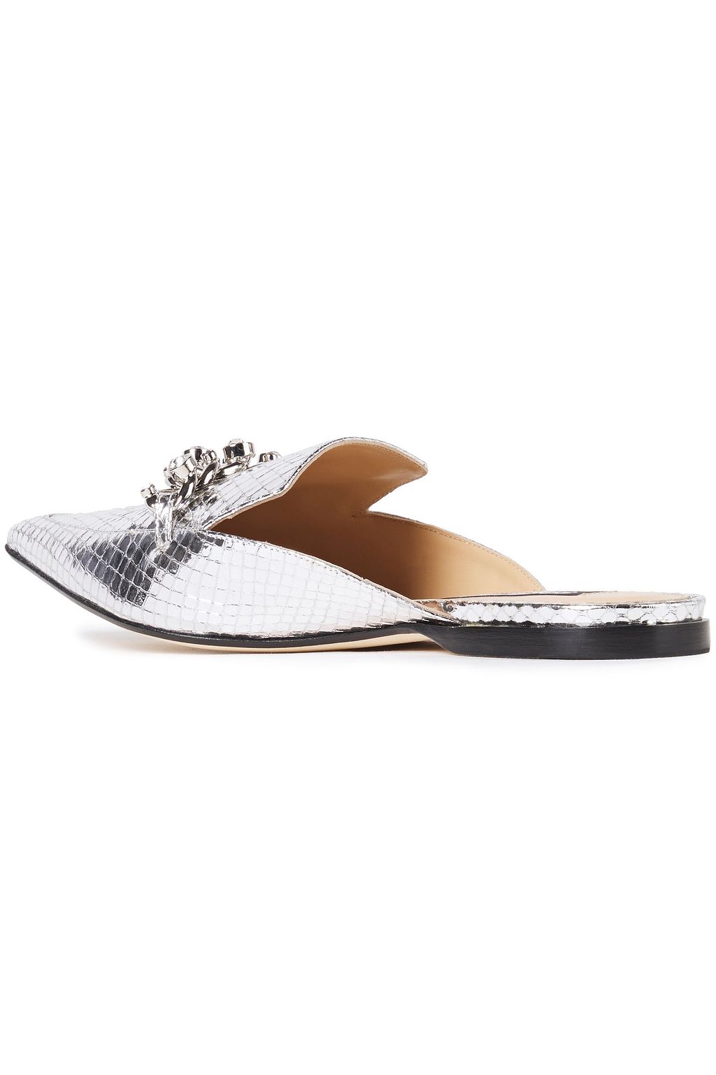 SERGIO ROSSI Embellished metallic snake-effect leather slippers