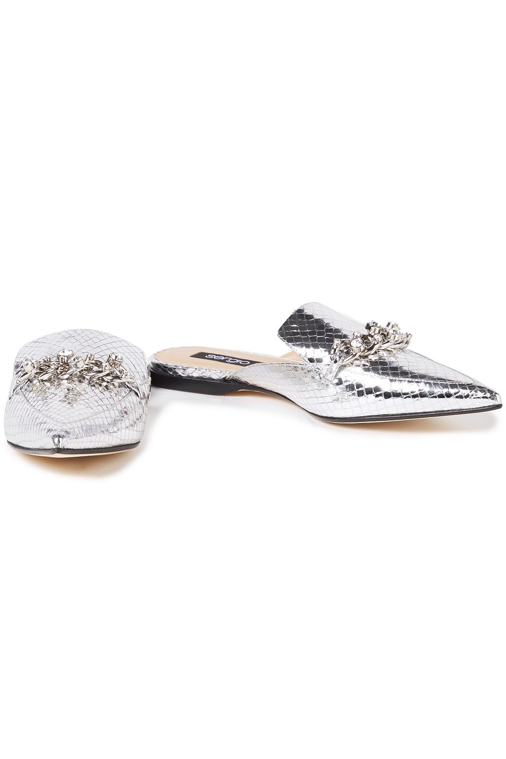 SERGIO ROSSI Embellished metallic snake-effect leather slippers