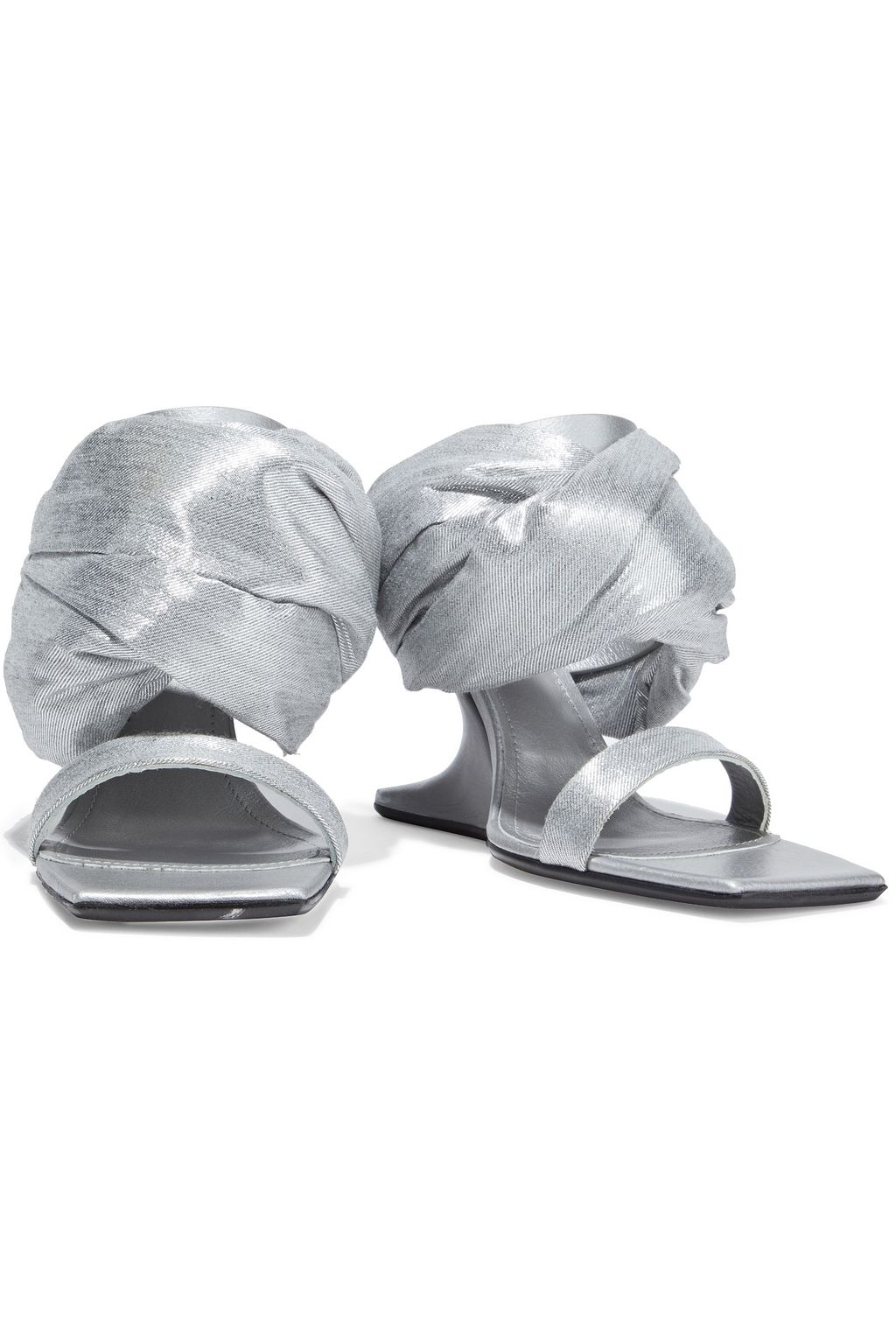 RICK OWENS Gathered metallic twill and textured-leather wedge sandals