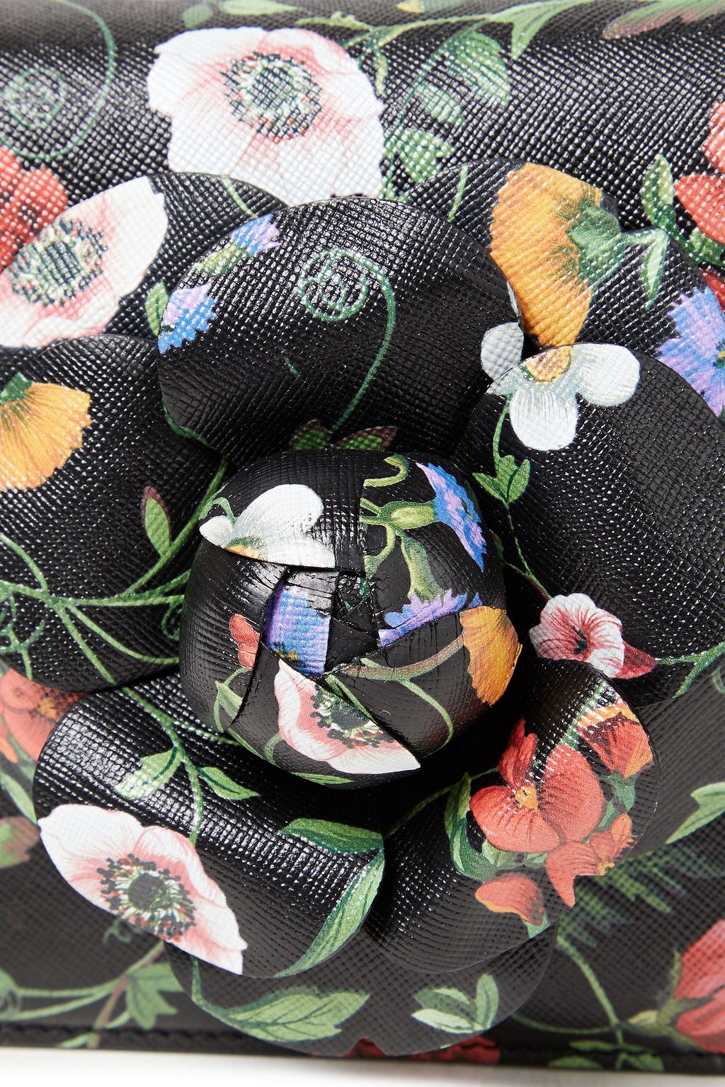 OSCAR DE LA RENTA Appliquéd floral-print textured-leather shoulder bag