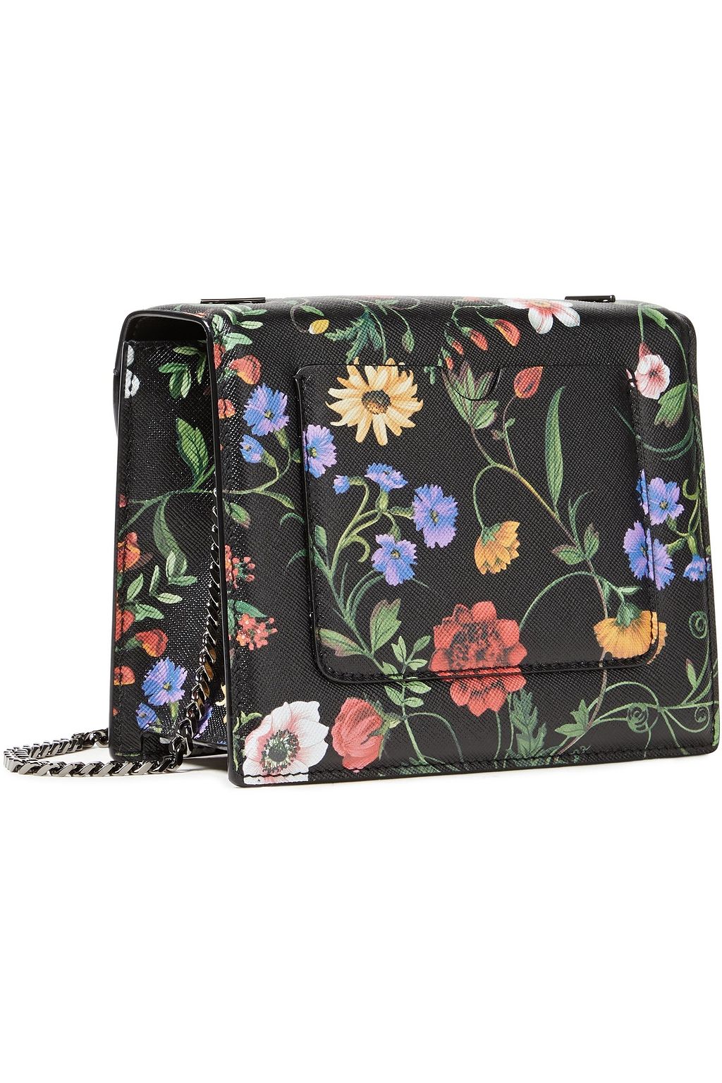OSCAR DE LA RENTA Appliquéd floral-print textured-leather shoulder bag