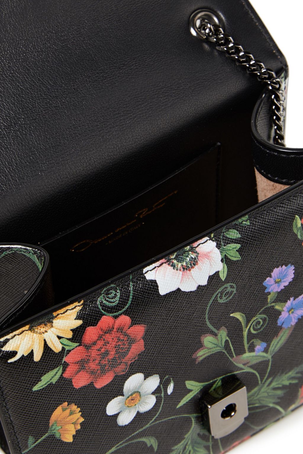 OSCAR DE LA RENTA Appliquéd floral-print textured-leather shoulder bag