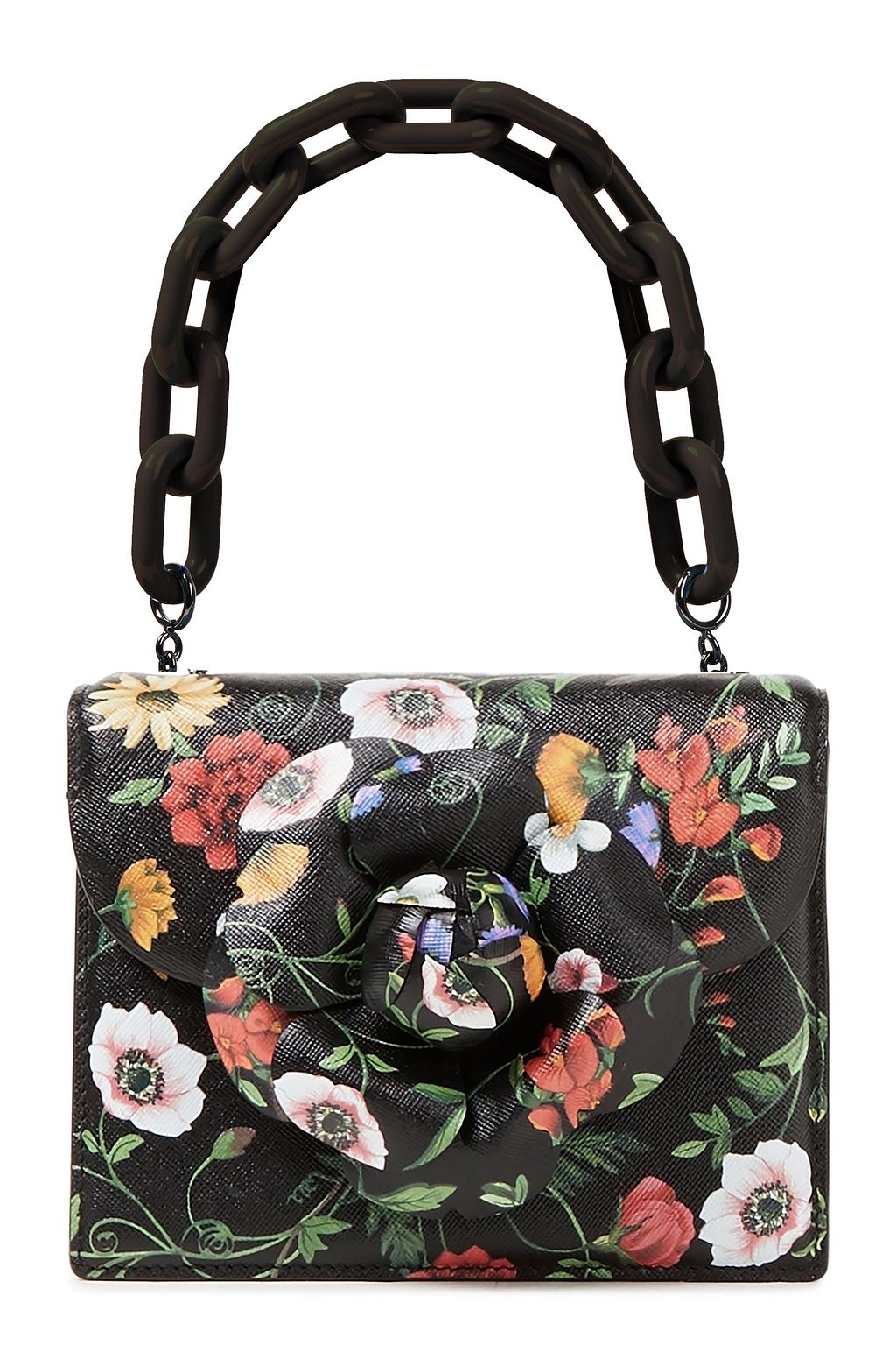 OSCAR DE LA RENTA Appliquéd floral-print textured-leather shoulder bag